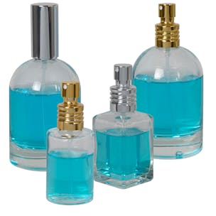 Round & Square Glass Bottles with Metal Finger Sprayers with Swirl Collars & Overcaps