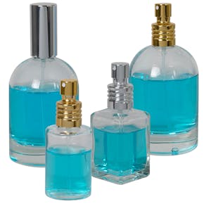 Round & Square Glass Bottles with Metal Finger Sprayers with Swirl Collars & Overcaps