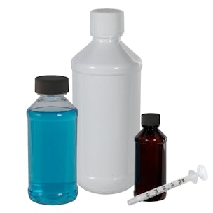 Round Liquid Bottles with Caps, Dosing Syringes & Adapters
